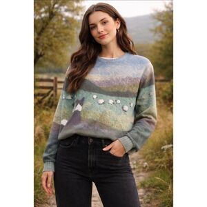Scenic Pastoral Sheep Border Collie Landscape Print Crewneck Sweatshirt Blue L